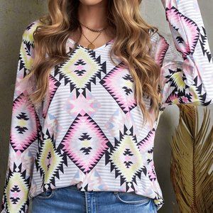 V Neck Striped Aztec Print Twisted Long Sleeve Top